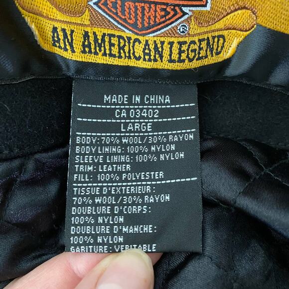 HARLEY -DAVIDSON Mens' Wool and Leather Trim Zip Up Motorcycle Jacket Size Large - Picture 7 of 8